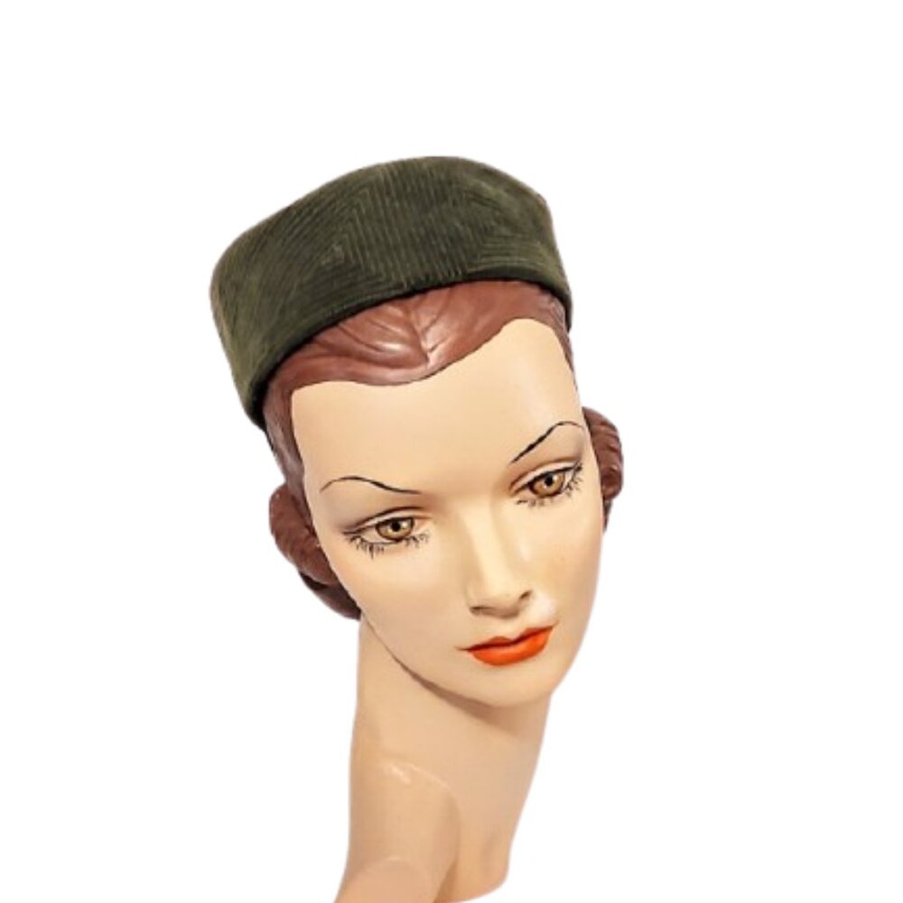 1960s Vintage Olive Green Velvet Round Pillbox Hat With Decorative Stitching